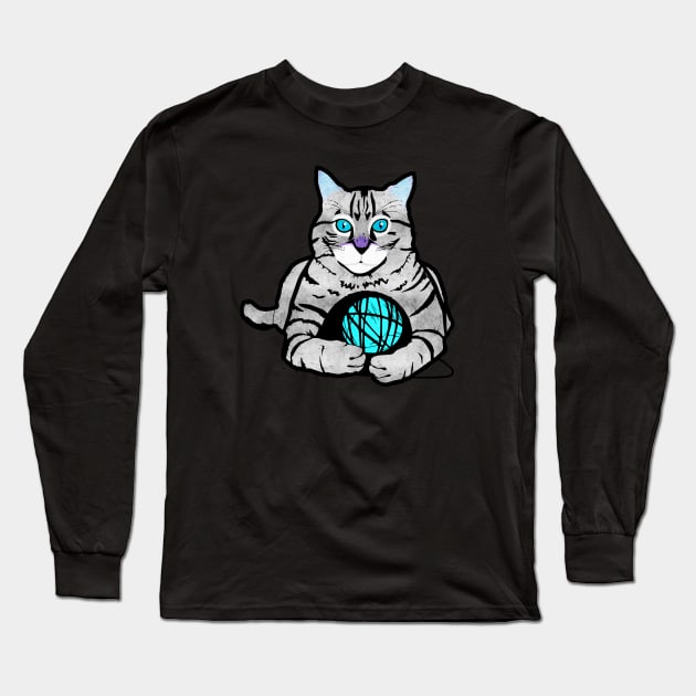 Gray Tabby Cat With Yarn Long Sleeve T-Shirt by Kelly Louise Art